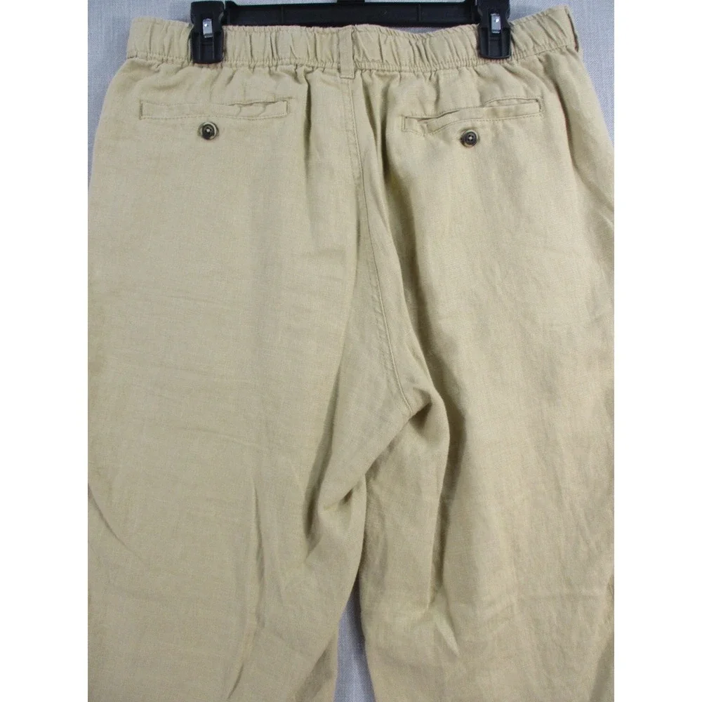 Mens Khaki Tan Linen Blend Elastic Waist Drawstring Straight Leg Pants L